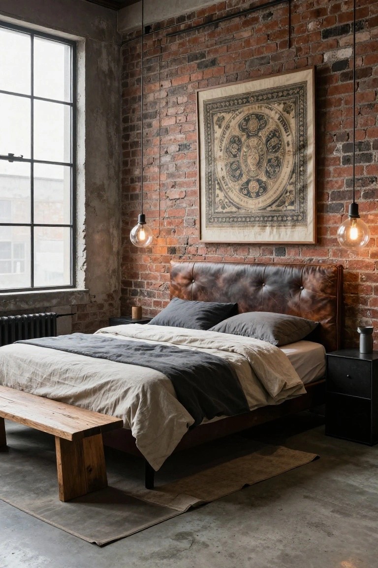 A bedroom with tan tufted leather headboard on a low wooden bed frame against exposed red brick walls, neutral gray and white linen bedding, wooden bench at the foot, black side table, pendant bulb lights, large framed textile artwork, and concrete floor.