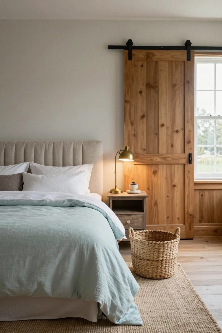 Bedroom with beige tufted upholstered headboard, white pillows, light blue duvet on bed, brass lamp on wooden nightstand with woven basket, and wooden sliding barn door next to window.