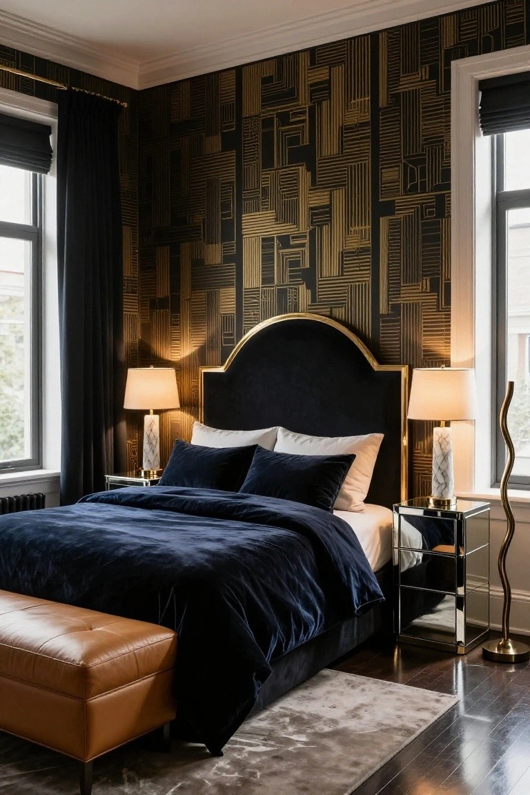 Bedroom with navy velvet headboard in gold frame on geometric black and gold wallpaper, white bedding, marble lamps on mirrored nightstands, tan leather bench at bed foot, curved gold floor lamp, and dark curtains on windows.