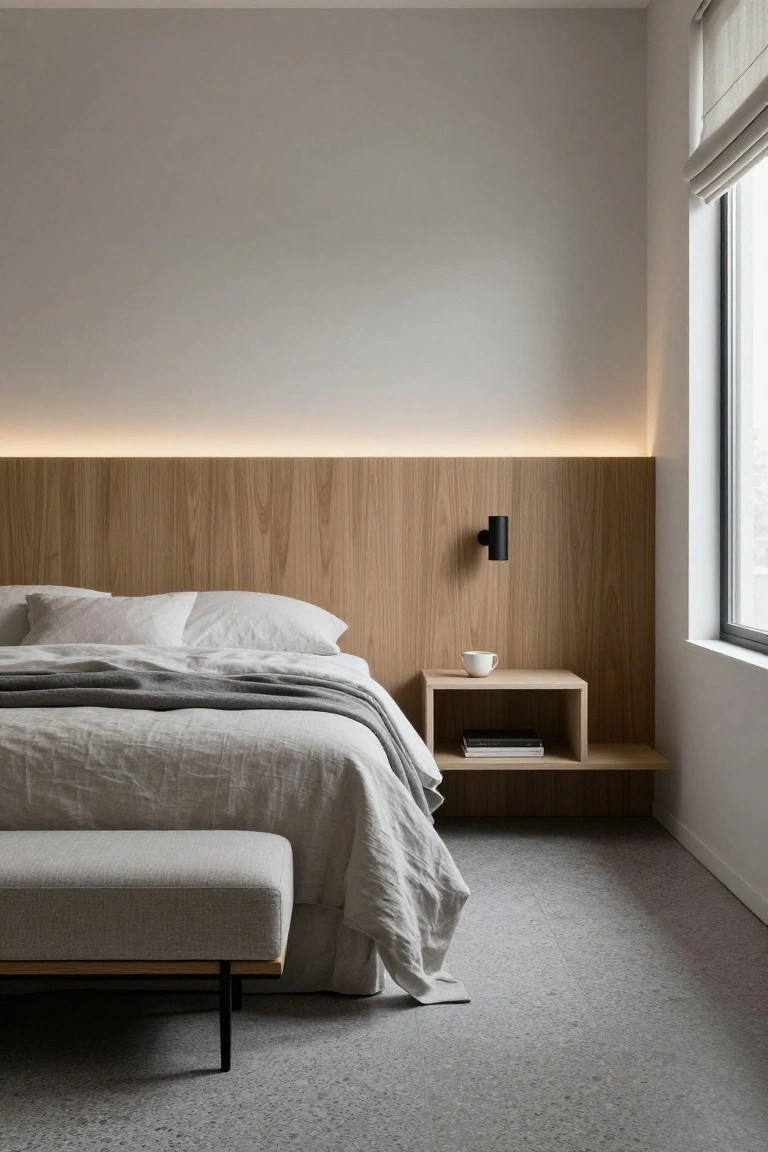 Bedroom interior with bed against light oak vertical wood paneled wall, LED strip lighting above headboard, black cylindrical wall sconce, floating wood shelf nightstand holding white mug and book, gray linen bedding and pillows, gray upholstered bench on wood legs, large window with blinds, white walls, and light gray carpet floor.