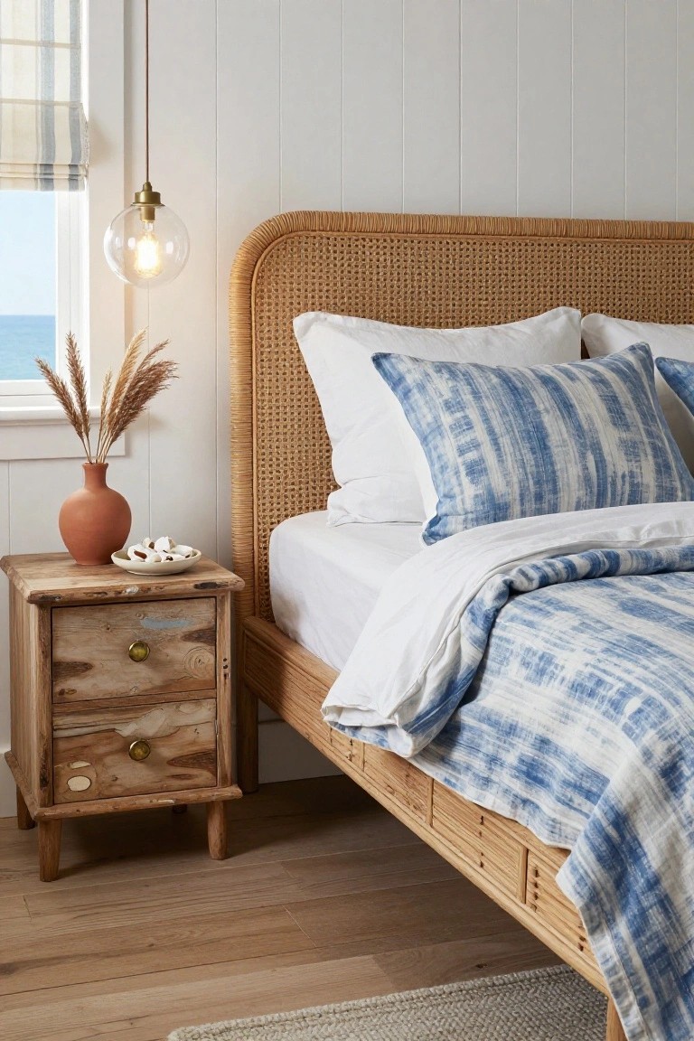 Bedroom corner with beige woven rattan headboard on a bed dressed in white sheets and indigo tie-dye quilt, wooden nightstand with terracotta vase of pampas grass and seashell dish, glass pendant light, and window showing ocean view.