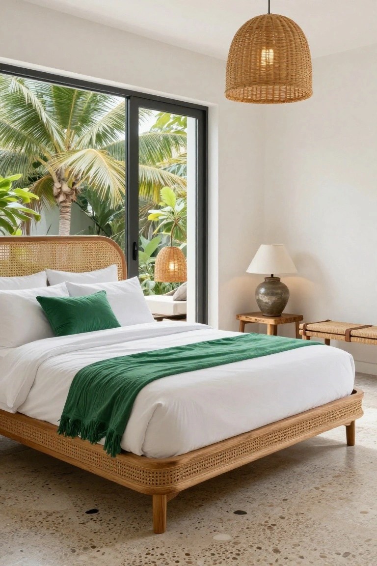Bedroom with a low bed featuring rattan-woven headboard and frame on white bedding accented by green pillows and throw, beside black-framed sliding doors revealing palm trees and plants outside, rattan lamps hanging above, on a polished concrete floor.