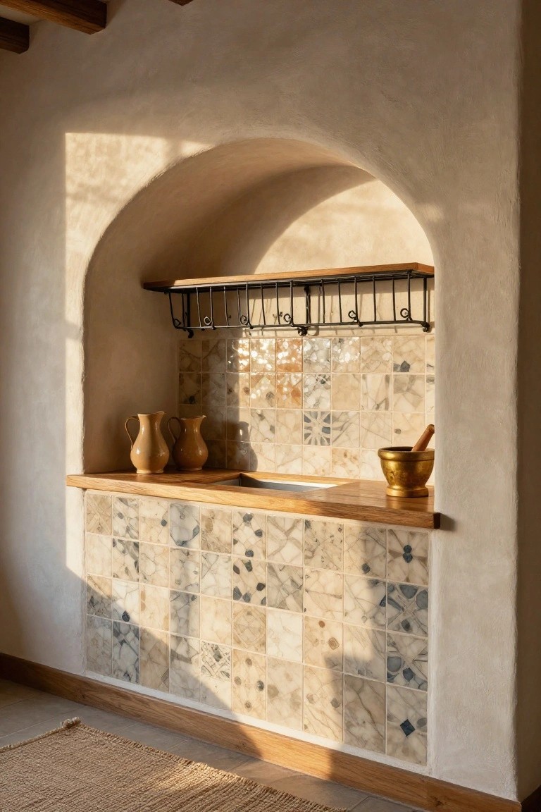 Arched indoor wall niche with wooden countertop and sink, colorful patterned tiles below, two terracotta pitchers, gold mortar and pestle, metal hanging rack above, and warm sunlight filtering in.