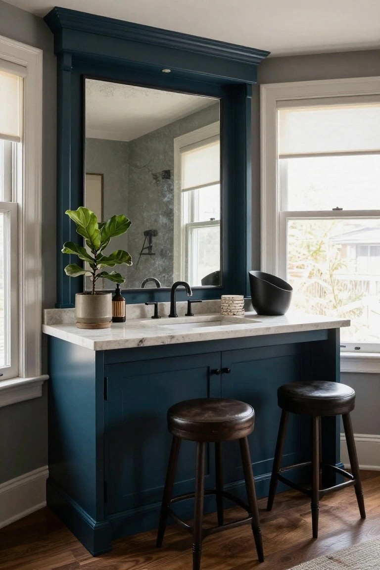 Navy blue bathroom vanity cabinet with white marble countertop, black faucet, potted ficus plant, woven coasters, black bowl, and two brown leather bar stools in front of a large framed mirror and windows.