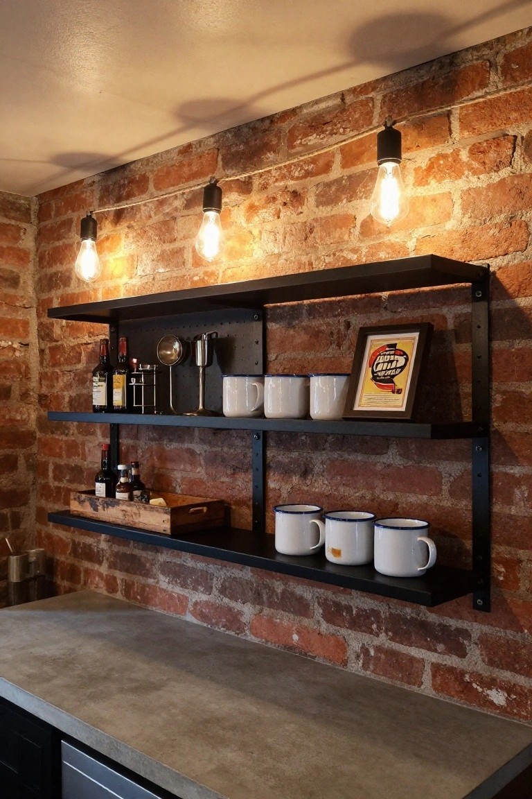 Black metal shelves mounted on an exposed brick wall hold wine bottles, liqueurs, mugs, glasses, and a wooden crate above a concrete countertop in a small indoor bar area lit by hanging Edison bulb lights.