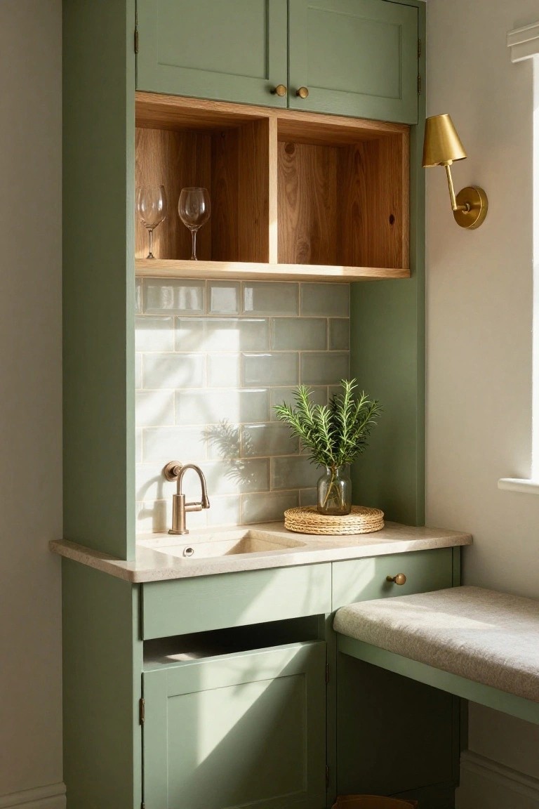 Sage green wooden cabinet unit with open oak shelves holding wine glasses, brass wall lamp, sink with faucet, rosemary plant on woven mat, and cushioned bench seat against white subway tile wall.