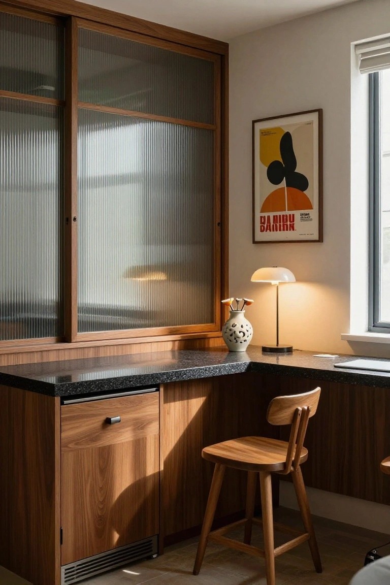 Corner wooden cabinet unit with black granite countertop, integrated fridge drawer below, wooden bar stool, frosted glass sliding doors, table lamp, vase with dried flowers, and wall art in a light-filled room.