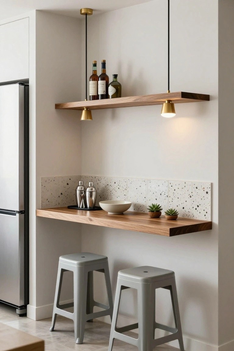 Indoor corner mini bar next to a stainless steel fridge with upper floating wooden shelves holding wine bottles and oil, lower wooden counter with silver shakers, white bowl, succulents, speckled white backsplash tiles, two gray plastic stools, and pendant lights above.