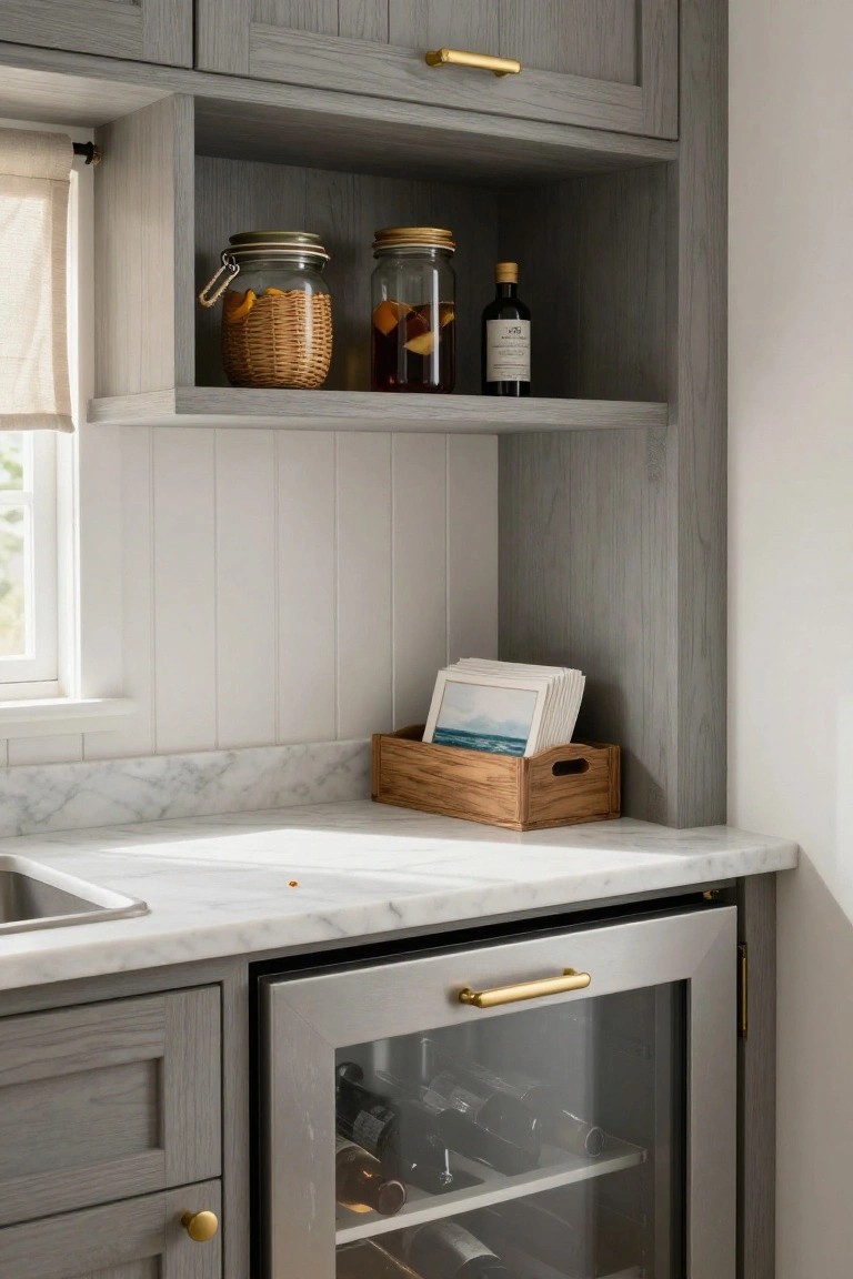 Kitchen corner with gray shiplap cabinets, open wood shelves holding glass jars of oranges and liquor bottles, marble countertop with stainless sink, wooden tray of cards, and under-counter glass-door wine fridge with bottles inside.