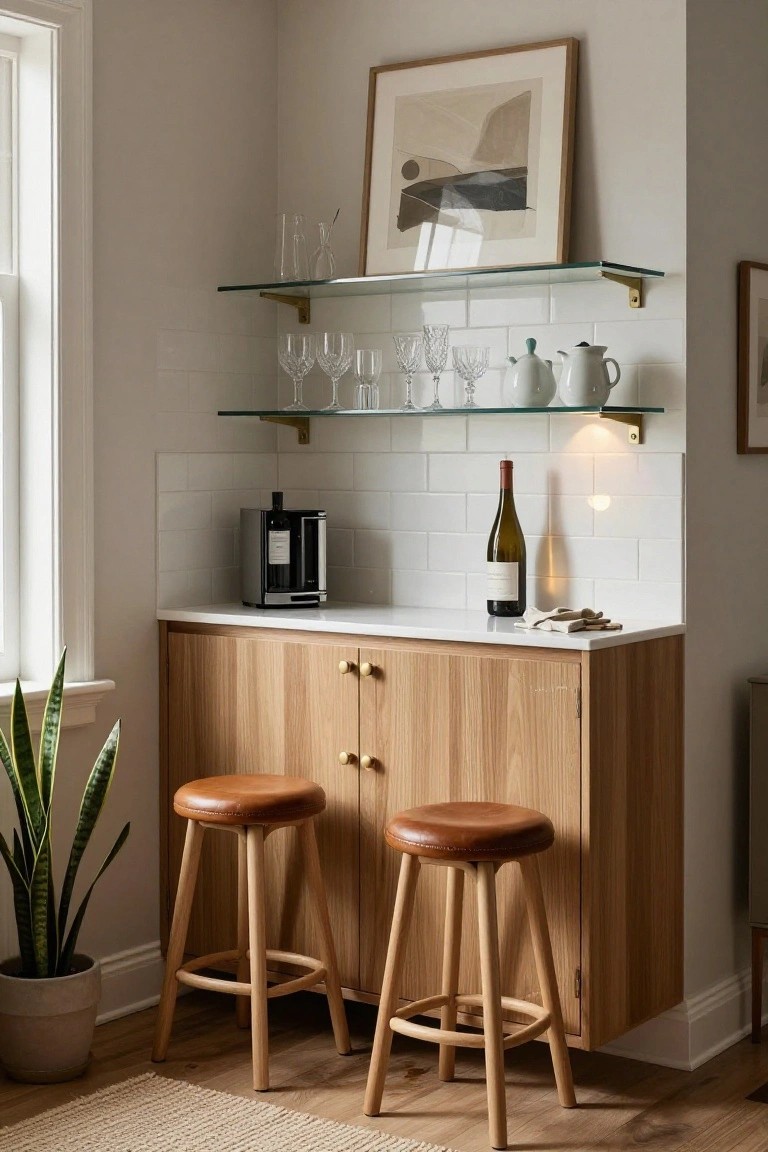 Corner kitchen bar with light wood cabinets, white countertop holding coffee maker and wine bottle, floating glass shelves with glassware and teapot, two brown leather stools, snake plant in pot, white subway tile backsplash, and window nearby.