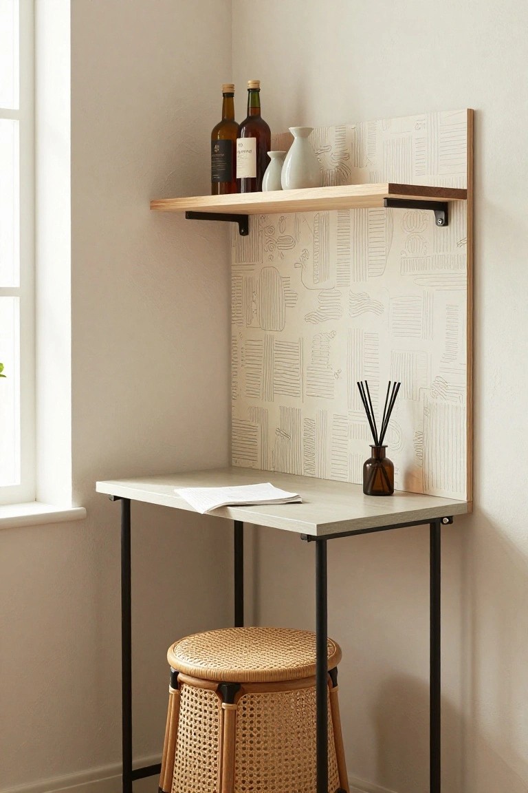 Small corner workspace with gray-topped metal desk, wooden wall shelf displaying two brown glass bottles and white vase, reed diffuser on desk, rattan stool nearby, and patterned wall panel behind.