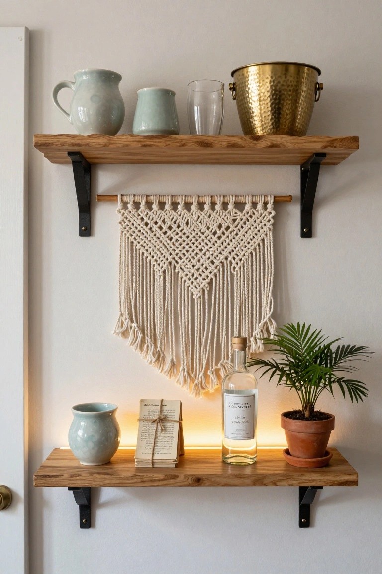 Three rustic wooden floating shelves mounted on a white wall, holding ceramic pitchers and cups, a brass bucket, glassware, a gin bottle, potted plant, macrame hanging, and stacked books, with a door visible nearby.