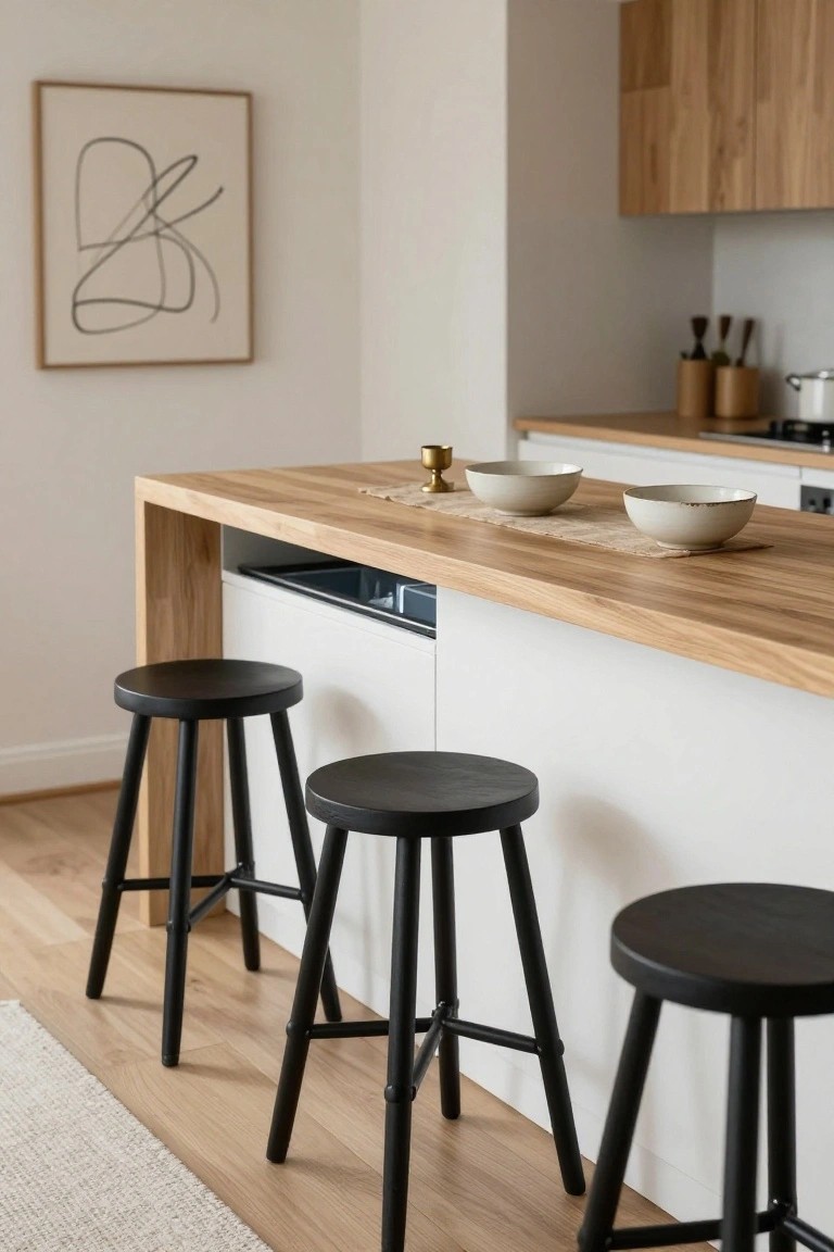 Contemporary kitchen island with light oak butcher block top, three black wooden stools with angled legs, two white ceramic bowls on beige placemats, gold candle holder, and white cabinets with integrated dishwasher drawer.