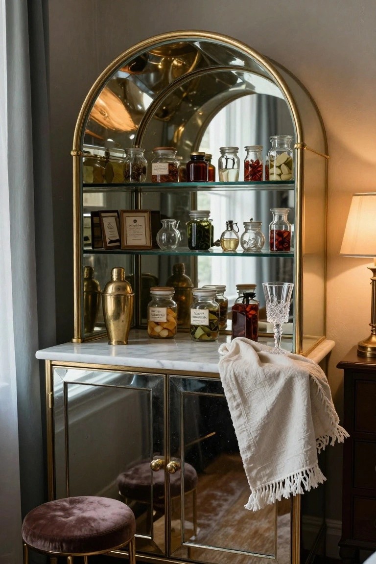 Gold arched mirrored cabinet used as a mini bar with shelves stocked with glass jars, bottles, a gold shaker, and wine glasses, plus two purple velvet stools nearby in a room with neutral walls and curtains.