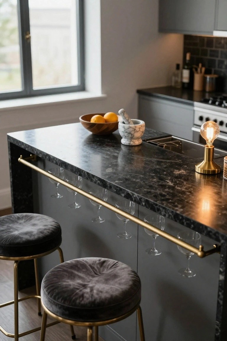 Kitchen island bar with black granite countertop, brass pipe rail hanging four wine glasses underneath, two gold metal bar stools with gray velvet seats, bowl of lemons, white mortar and pestle, and gold table lamp on the surface.