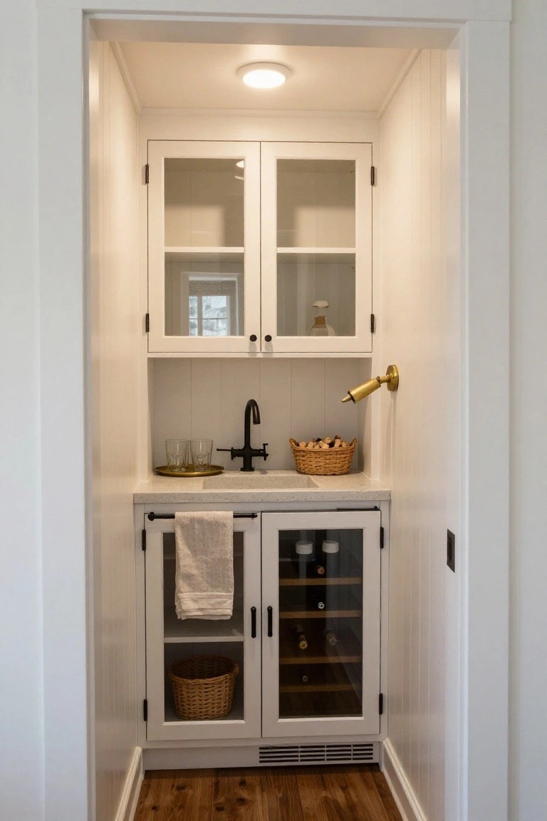 Narrow white cabinetry alcove serving as a mini wet bar with glass-front upper doors, countertop sink and black faucet, lower wine refrigerator doors, woven baskets, and hardwood floor.