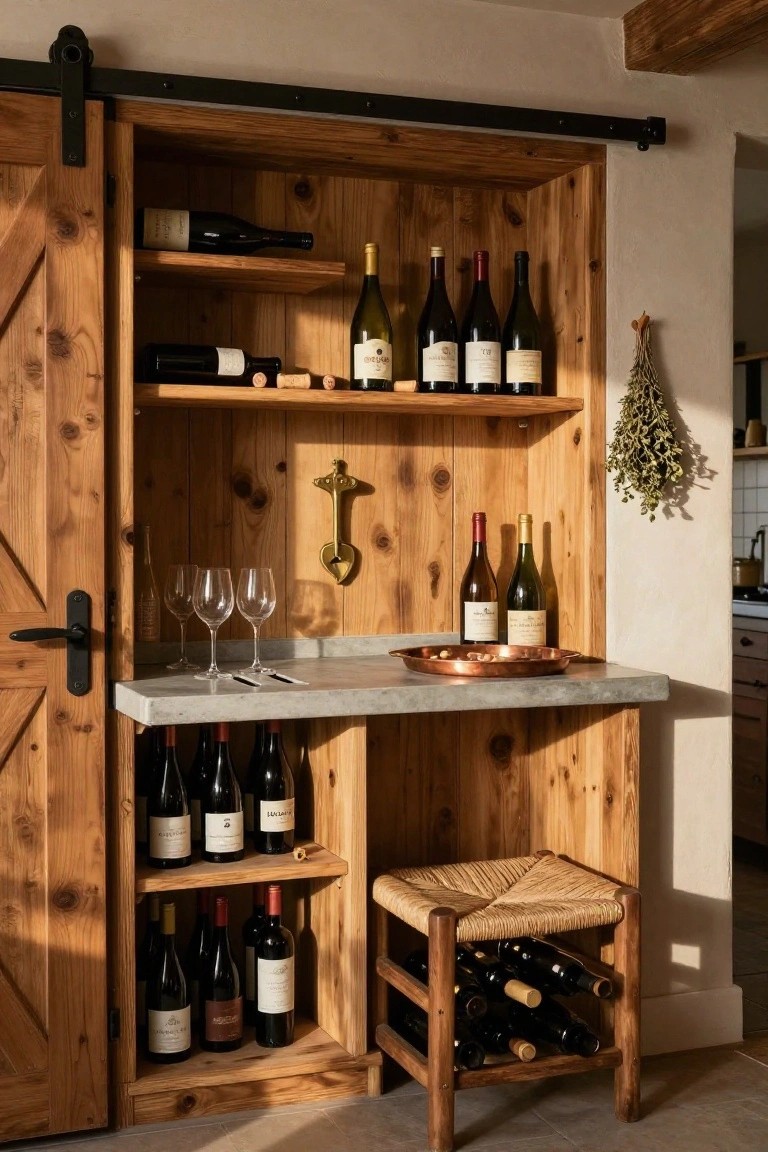 Wooden cabinet with sliding barn-style door containing wine racks filled with bottles, glasses on a concrete countertop with copper tray, dried herbs hanging nearby, and a woven stool beside it.