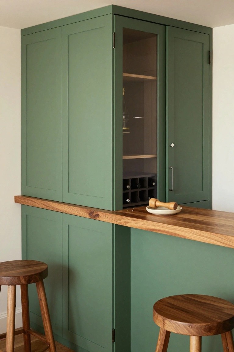 Tall green cabinet with glass-fronted door displaying bottles and glasses, solid door with built-in wine rack below, topped by wooden bar counter with two wooden stools in a kitchen setting.
