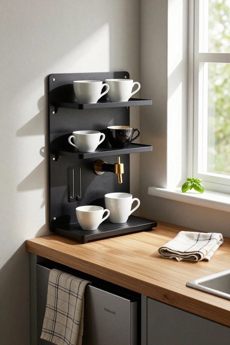 Black wall-mounted shelving unit in a kitchen corner holding white porcelain cups on three shelves with a gold dispenser and drip tray attached below, adjacent to wooden countertops, sink, and cabinets.