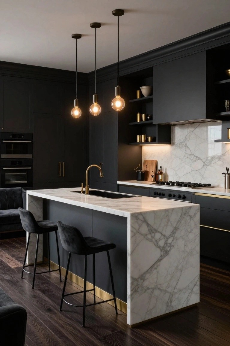 Modern kitchen interior with matte black cabinets, white veined marble island and countertops, brass faucet and trim, black velvet bar stools, and three black pendant lights over the island.