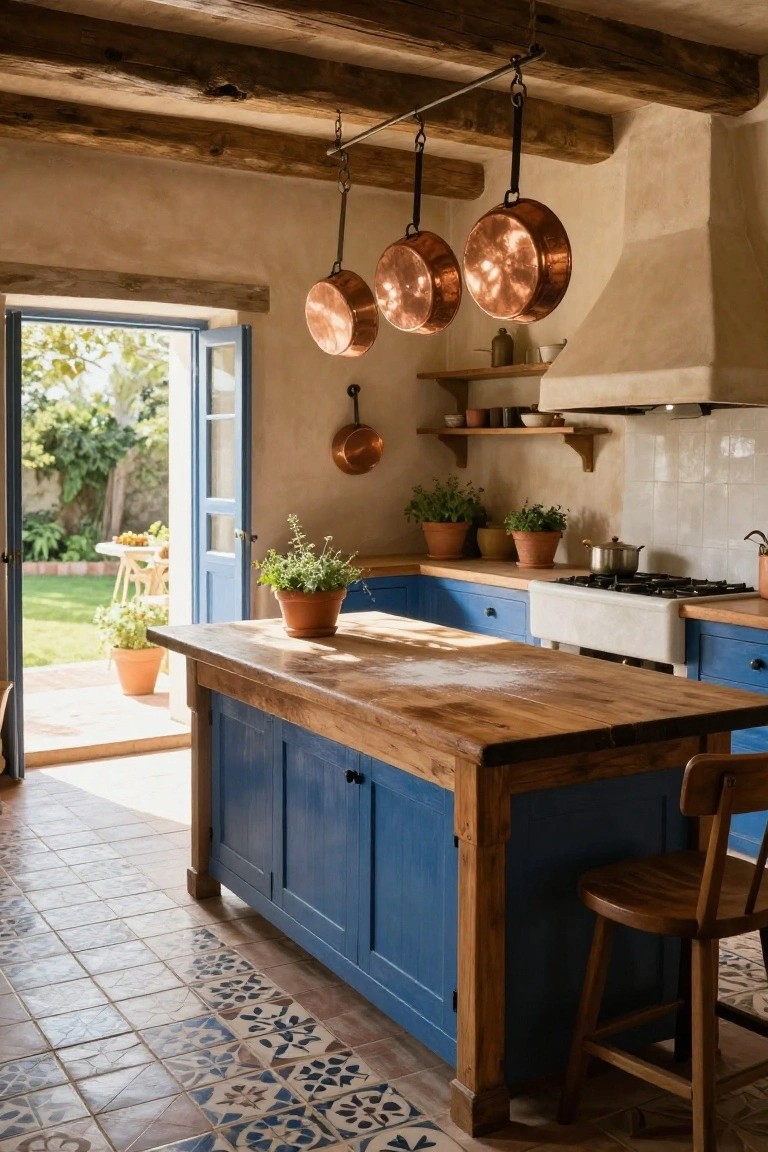 Rustic kitchen interior with exposed wooden ceiling beams from which multiple copper pots hang, blue lower cabinets, wooden-topped island, open blue shutters to garden, and terracotta tiled floor.