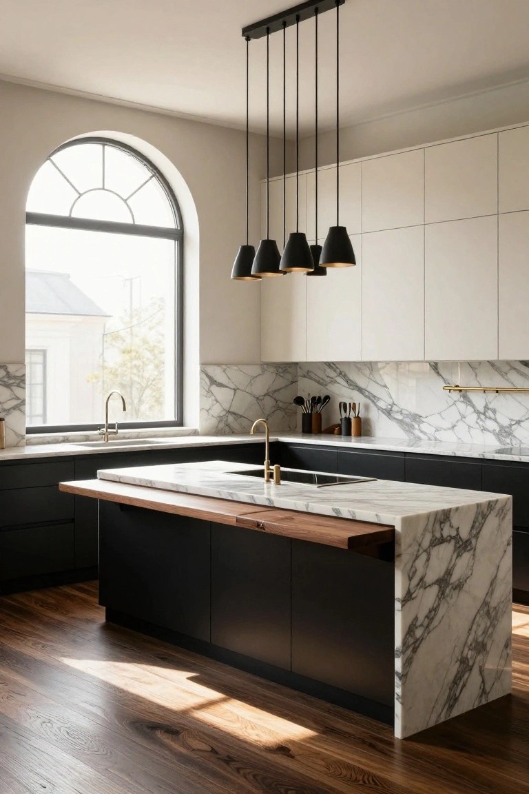 Kitchen interior featuring black lower cabinets, white upper cabinets, marble counters and backsplash, wood-topped island, gold faucets, black pendant lights, and a large arched window.