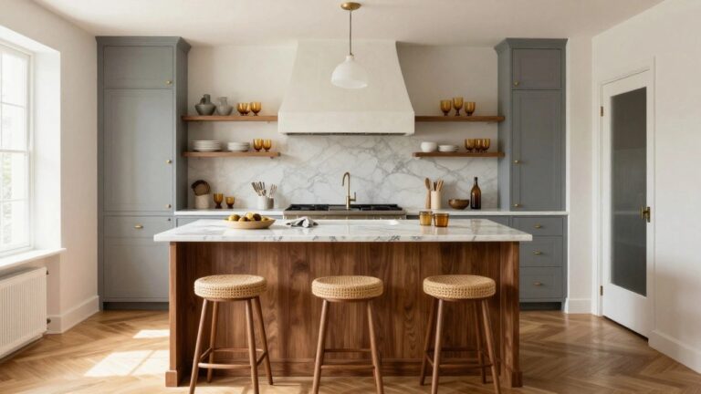 Modern kitchen with light gray shaker-style cabinets, white marble counters and curved backsplash, large white curved range hood, freestanding wood-sided island with marble top and two rattan bar stools, wood open shelves, brass hardware, and herringbone oak flooring.