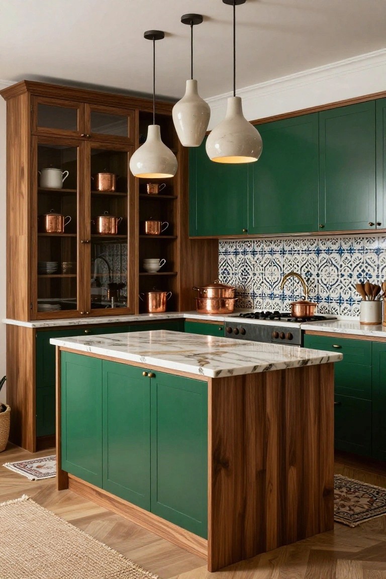 Kitchen with deep green lower cabinets and island, walnut wood upper cabinets and framing, white marble countertops, blue and white patterned tile backsplash, copper pots on open shelves, and cream pendant lights.