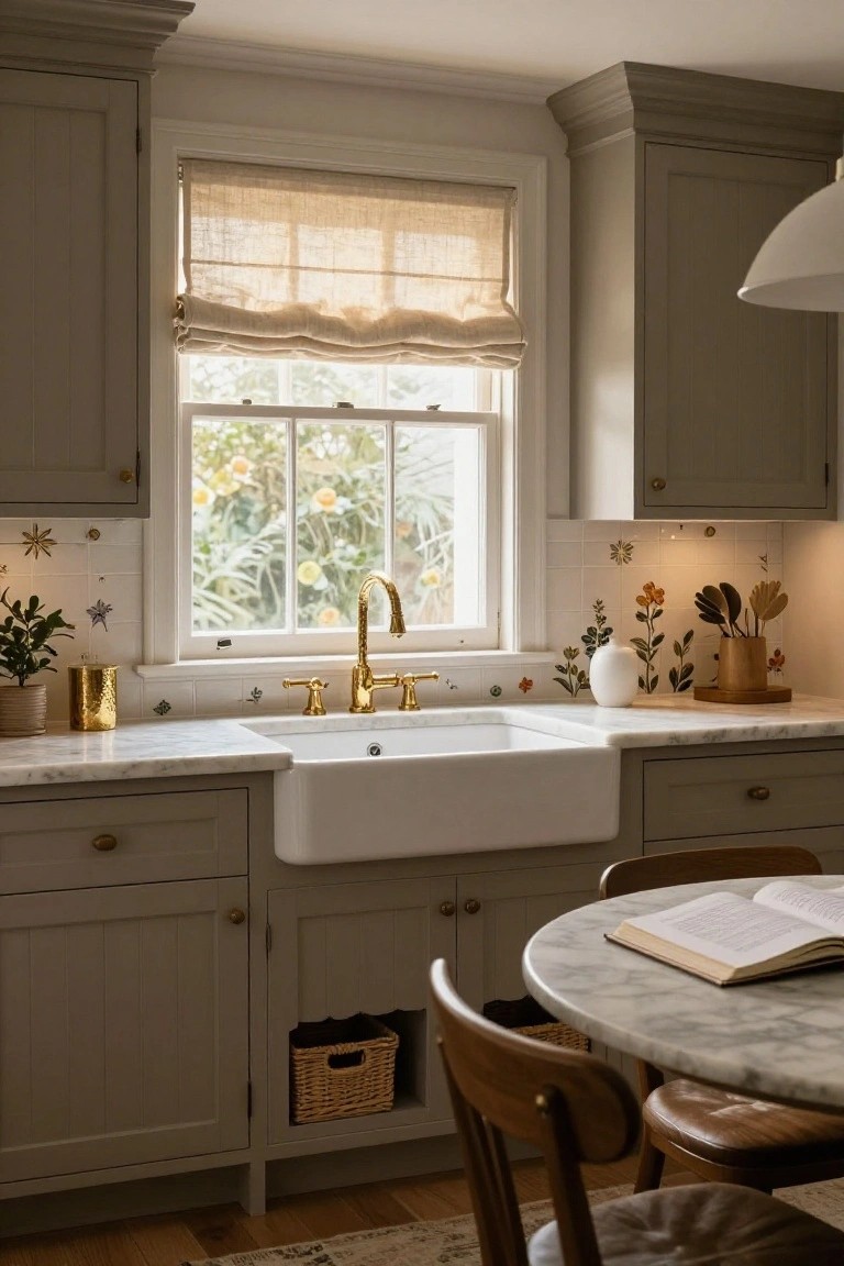 A kitchen with greige shaker-style cabinets, white farmhouse sink, gold bridge faucet, hand-painted floral tile backsplash on white subway tiles, marble countertops, wooden utensils on a tray, potted plants, linen roman shade on window, and round marble-top table with open book and wooden chairs.