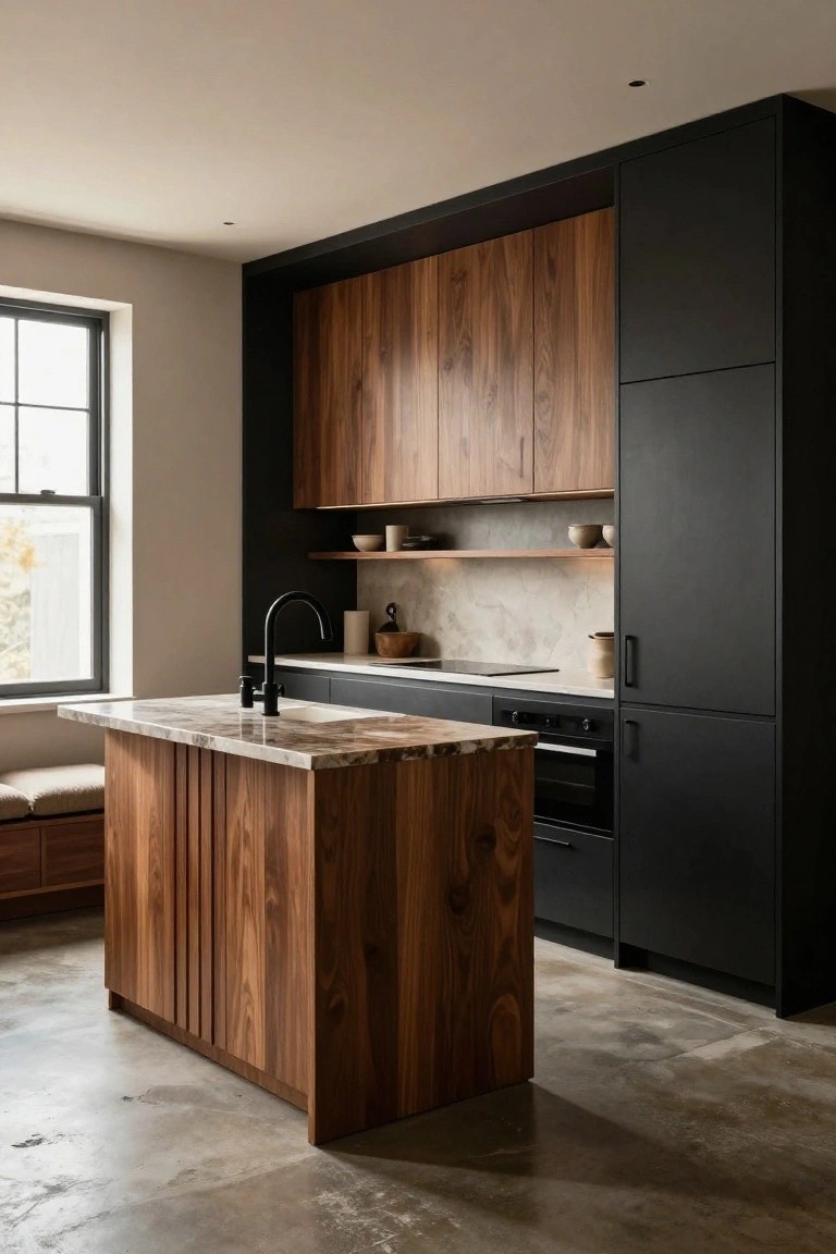 Modern kitchen interior with walnut wood cabinets on island and uppers, matte black lower and tall cabinets, veined marble countertops, black faucet, and polished concrete floor.