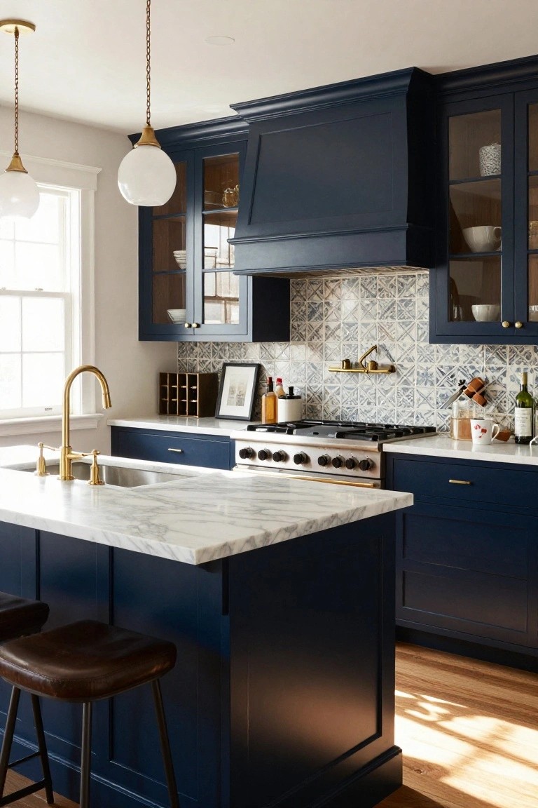 Kitchen with navy blue cabinets, white marble island and counters, gold faucet and pendants, blue mosaic tile backsplash, and wood stools.