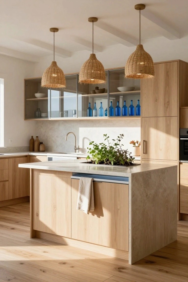 Modern kitchen interior featuring light oak cabinets, white countertops with veined stone, three woven rattan pendant lights over a central island with an integrated sink planter, glass-fronted cabinets with blue bottles, and hardwood floors.