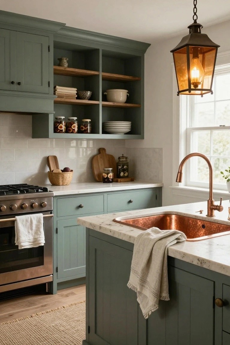 Kitchen with sage green cabinets, white subway tile backsplash, white marble countertops, copper sink and faucet, stainless steel range, and wooden cutting boards on counters.