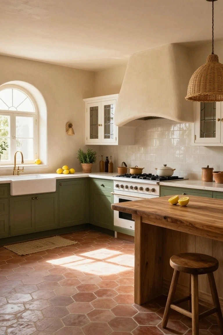 Kitchen with sage green lower cabinets, white upper cabinets with glass doors, curved beige range hood over gas stove, wooden island with stool, white farmhouse sink with brass faucet, terracotta hexagonal floor tiles, rattan pendant light, and lemons on counters.