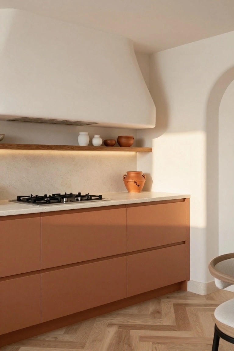 Modern kitchen with matte terracotta cabinets, integrated gas cooktop on white stone countertop and backsplash, wooden shelves holding ceramic pots, arched white walls, and herringbone oak flooring.