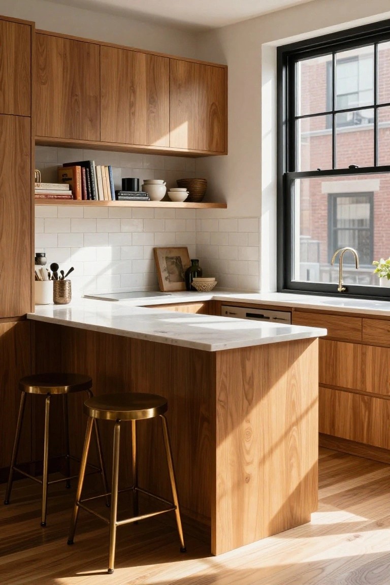 Light oak cabinets in a corner kitchen with white subway tile backsplash, white marble countertops, brass bar stools, dishwasher, and a large black-framed window overlooking brick buildings.
