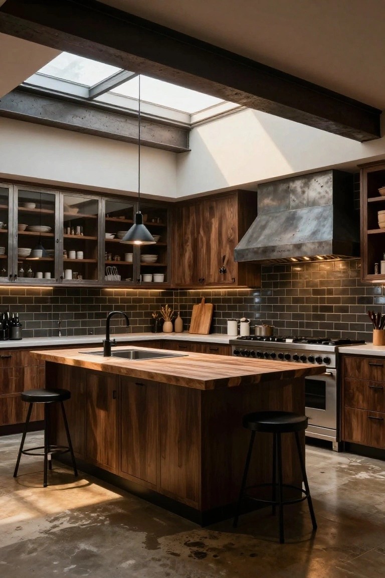 A kitchen interior with dark walnut wood cabinets, glass-front uppers, wooden center island with black stools, stainless steel range and appliances, metal range hood, and skylight overhead on polished concrete flooring.