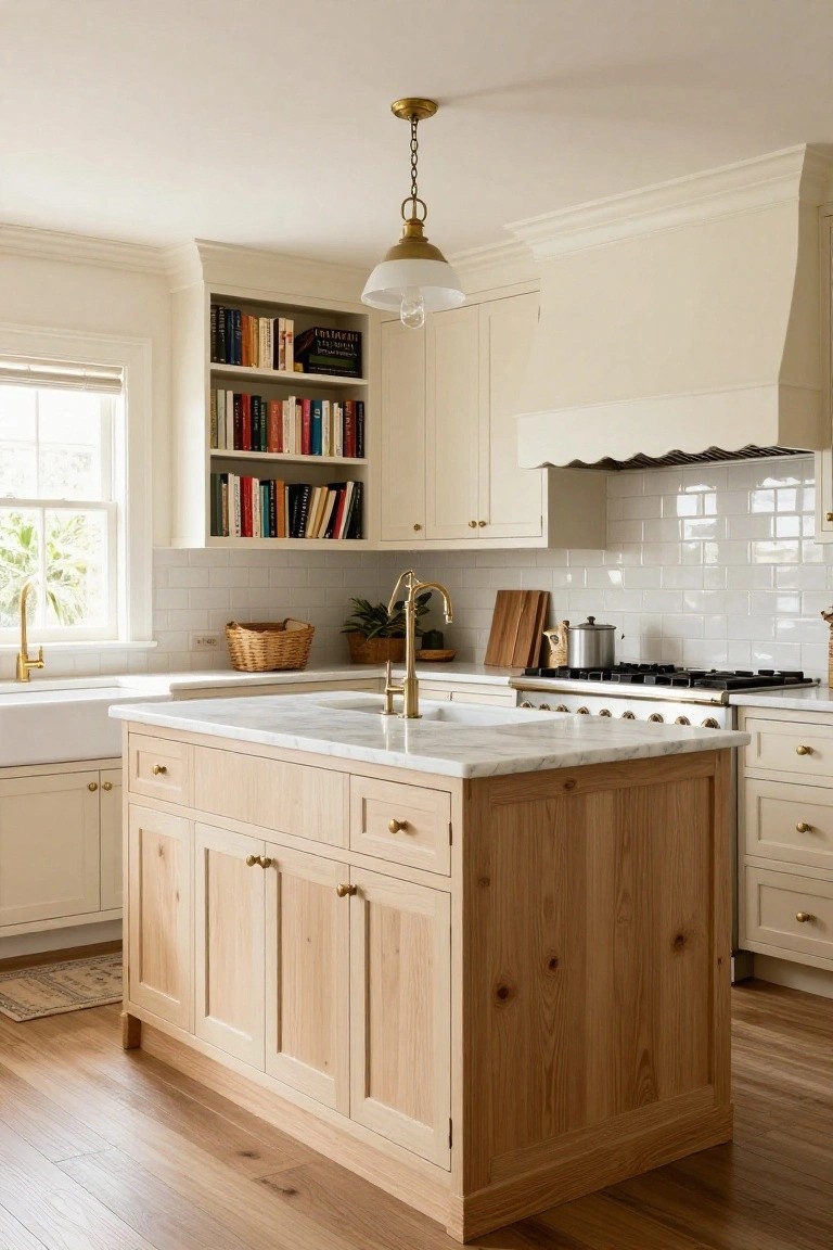 Kitchen interior with central wooden island topped by white marble countertop, cream cabinets, white subway tile backsplash, farmhouse sink, gold faucet, and open shelving with books near a window.