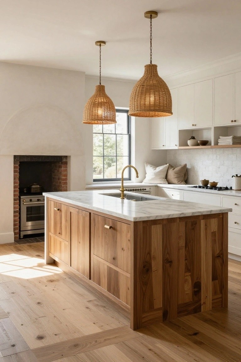 Kitchen interior with central wooden island topped in white marble, flanked by white cabinets, rattan pendant lights overhead, brick fireplace nearby, and large window with trees outside.