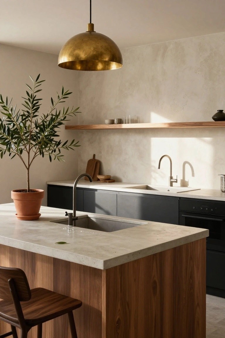 Modern kitchen with dark lower cabinets, light beige textured wall, wooden island topped with concrete, gold pendant light overhead, olive tree in terracotta pot on the island, and wooden stool.