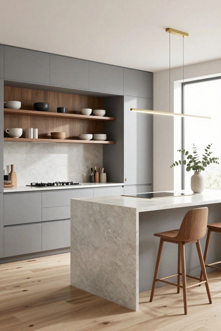 Modern kitchen with matte gray flat-panel cabinets, integrated walnut open shelving displaying white ceramics and bowls, white marble waterfall island, gas cooktop, wooden bar stools, and large window.