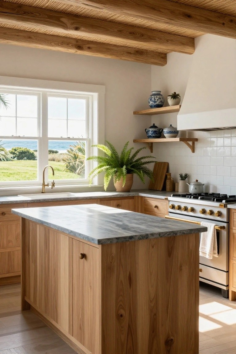Kitchen with exposed wooden beam ceiling, light oak cabinets and island, gray marble countertops, brass sink faucet, potted plants on shelves, and large window overlooking ocean, fields, and palm trees.
