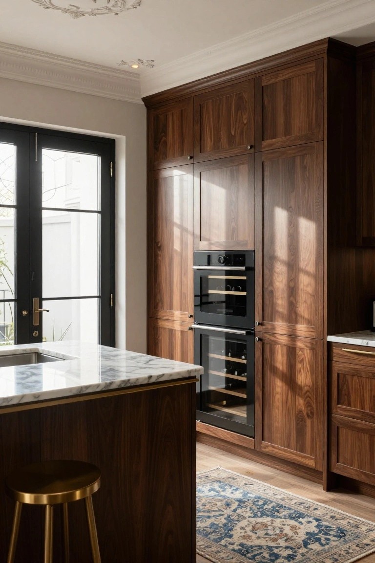 Kitchen with floor-to-ceiling walnut cabinets housing double black ovens and wine fridge, marble island with brass stool, wood floors, blue rug, and black-framed glass doors to outdoors.