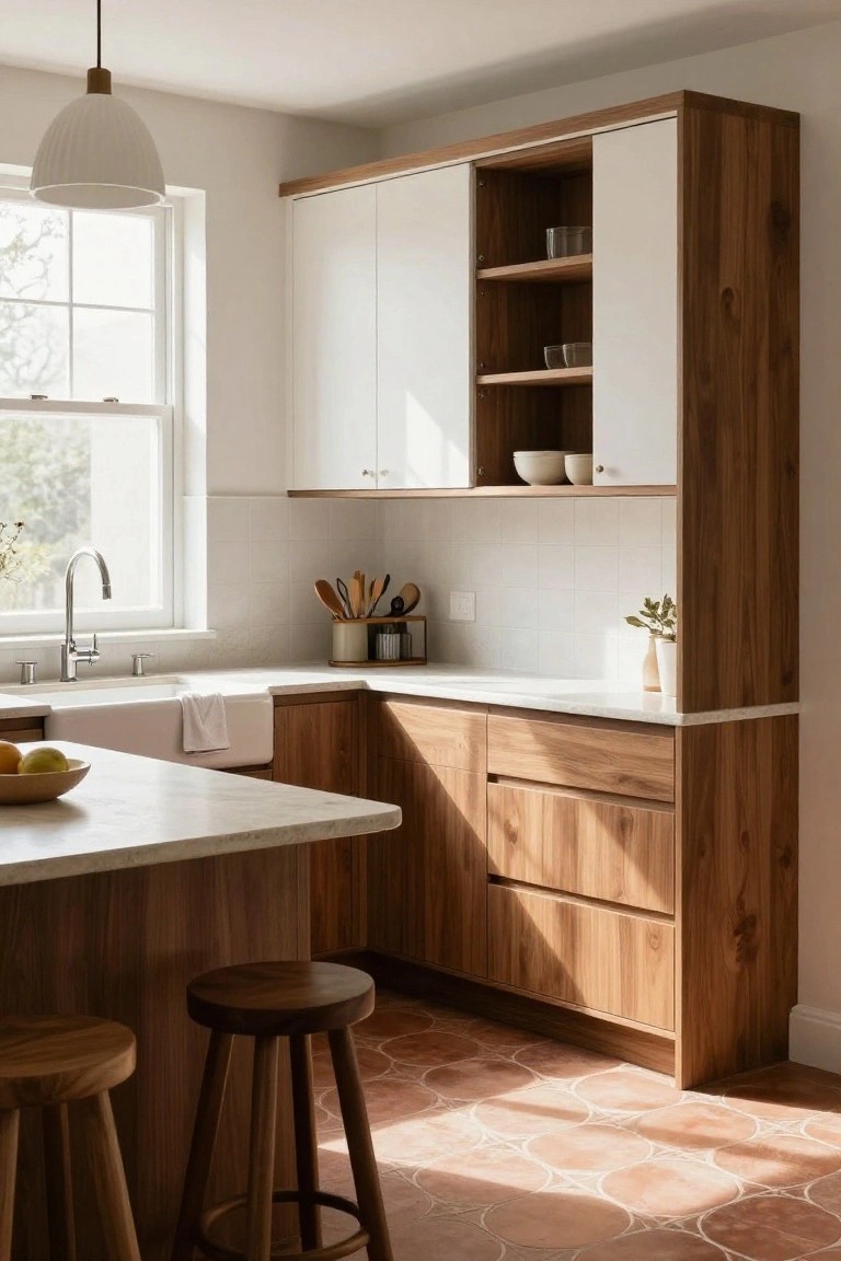Wood Lower Cabinets with White Uppers
