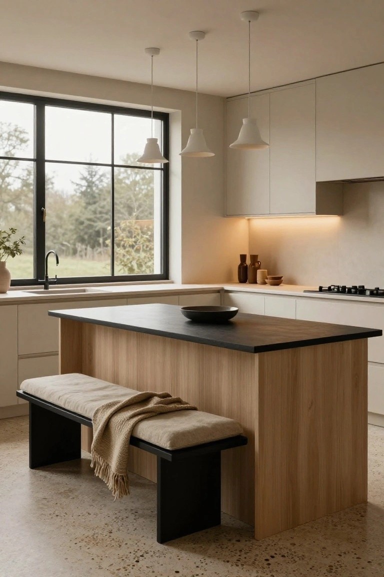 Modern kitchen with light oak island topped in black stone, featuring black-framed bench with beige cushion and throw blanket, white cabinets, pendant lights, sink, and large black-framed window to wooded view.