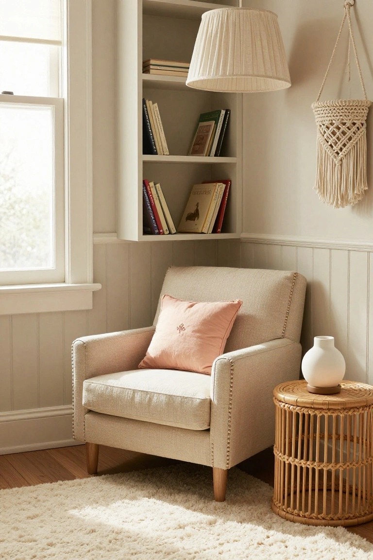 Beige upholstered armchair with pink pillow in a room corner next to rattan side table, bookshelves, hanging lamp, macrame, and window with sheer curtain.