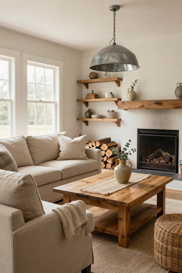Light beige sofa in a neutral living room with wooden coffee table, white fireplace surrounded by wood shelves and stacked logs, two windows, and woven pouf on jute rug.