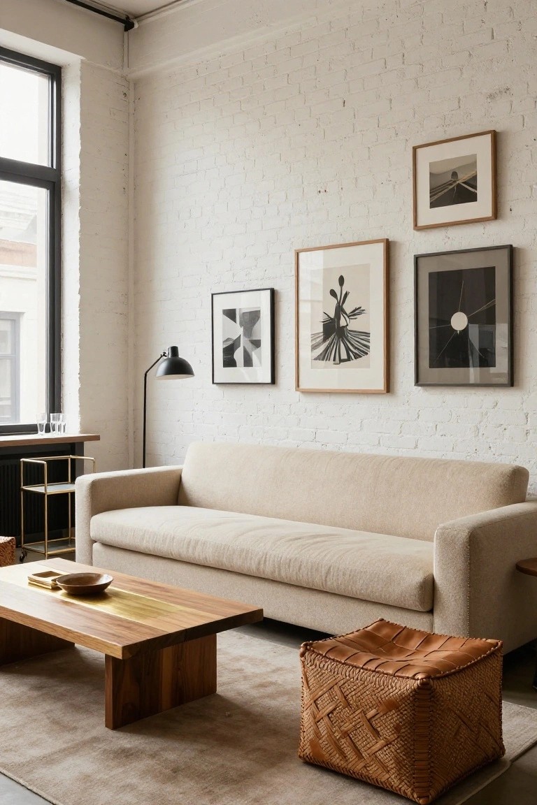 Light beige three-seater sofa in a living room with exposed white brick walls, black floor lamp, wooden etagere, abstract framed artwork, wood coffee table with gold stripe, woven leather ottoman, and beige area rug.