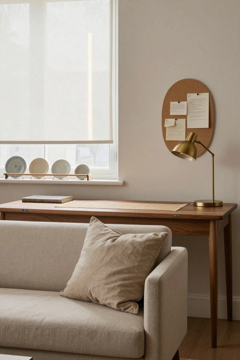 Light beige sofa with a large pillow next to a wooden desk in a neutral room featuring a corkboard on the wall, gold desk lamp, and plates on a windowsill shelf.