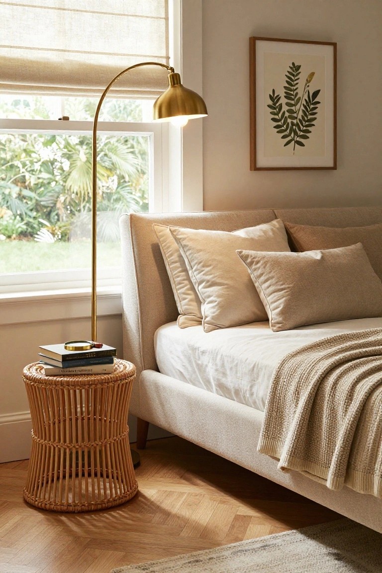 Corner of a beige upholstered platform bed with matching pillows and throw beside a rattan nightstand holding stacked books and a magnifying glass, lit by a gold arched floor lamp next to a window with sheer shades and greenery outside, on hardwood floors.